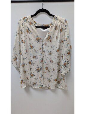 Sara Michelle Cream/Orange Floral Quarter-Button Blouse